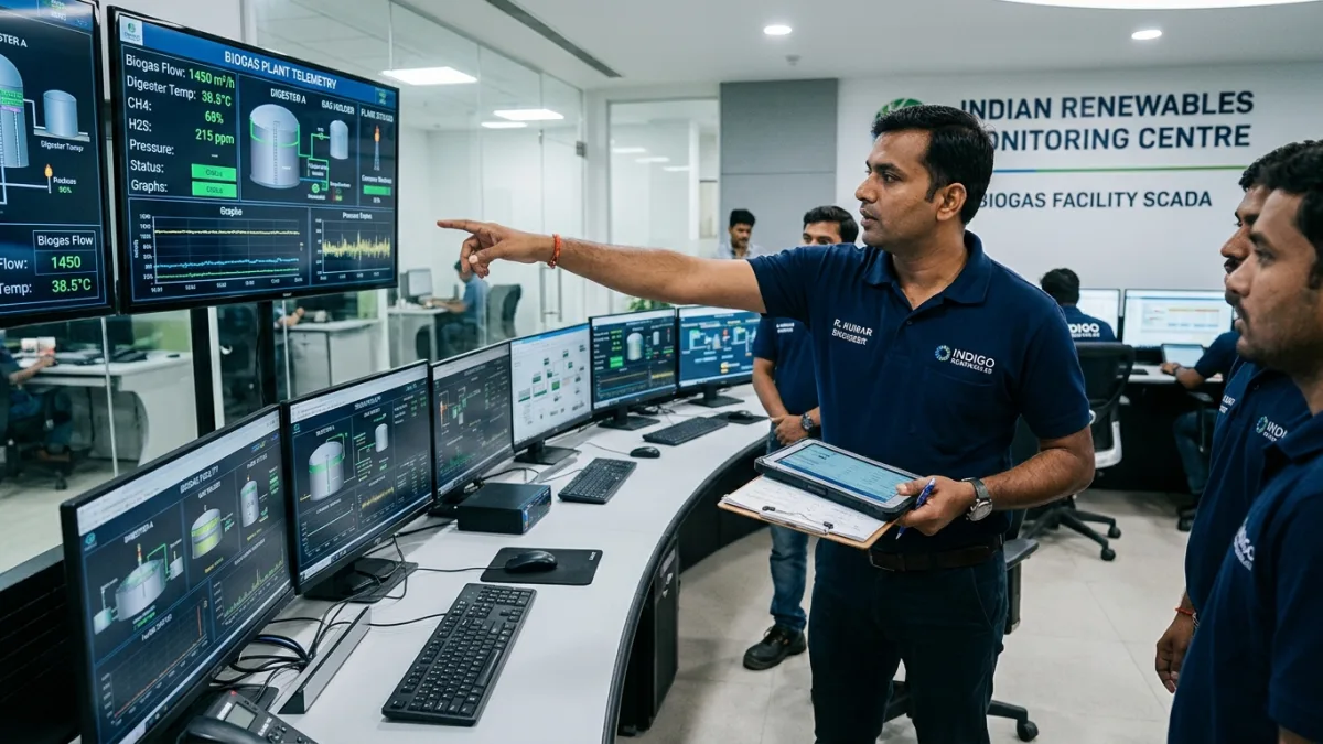 Indian CBG technical consultant and engineers monitoring plant SCADA telemetry