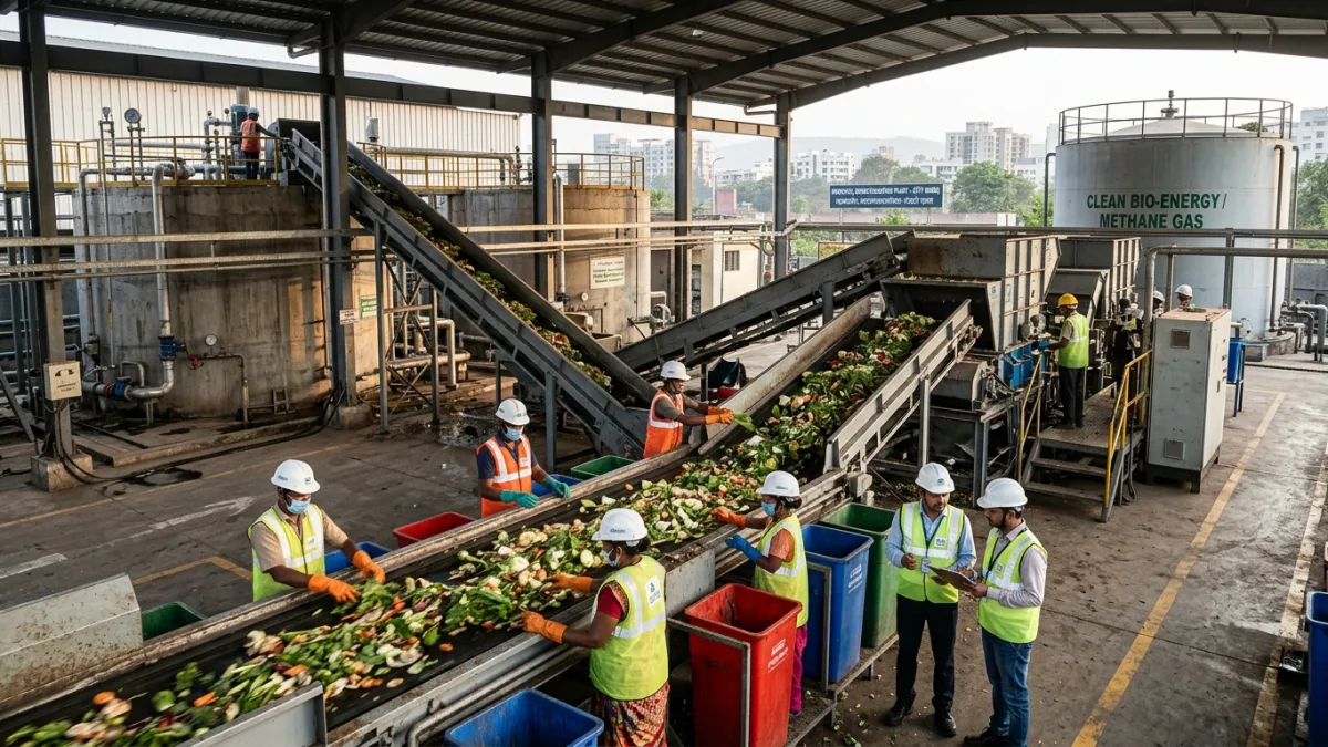 Municipal organic waste sorting and biomethanation plant in an Indian city