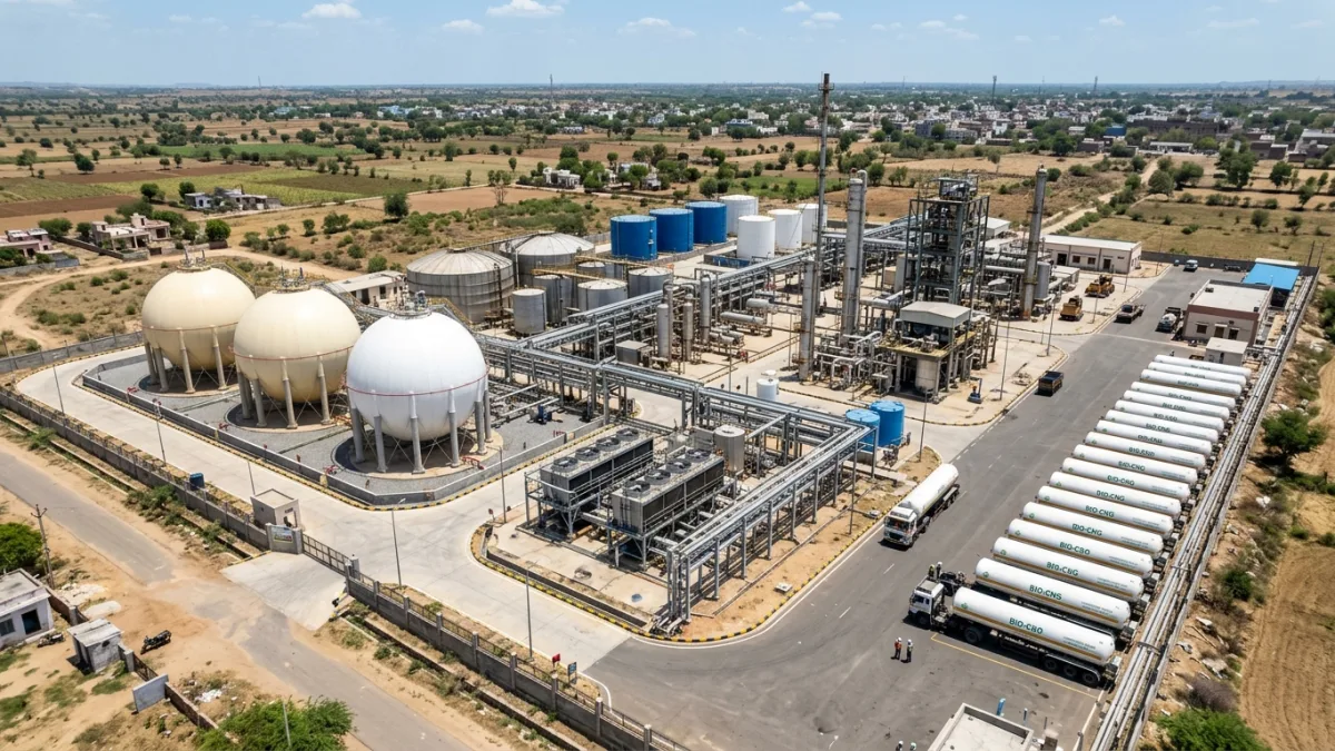 Commercial Bio-CNG production refinery in India with cascades and spherical holders