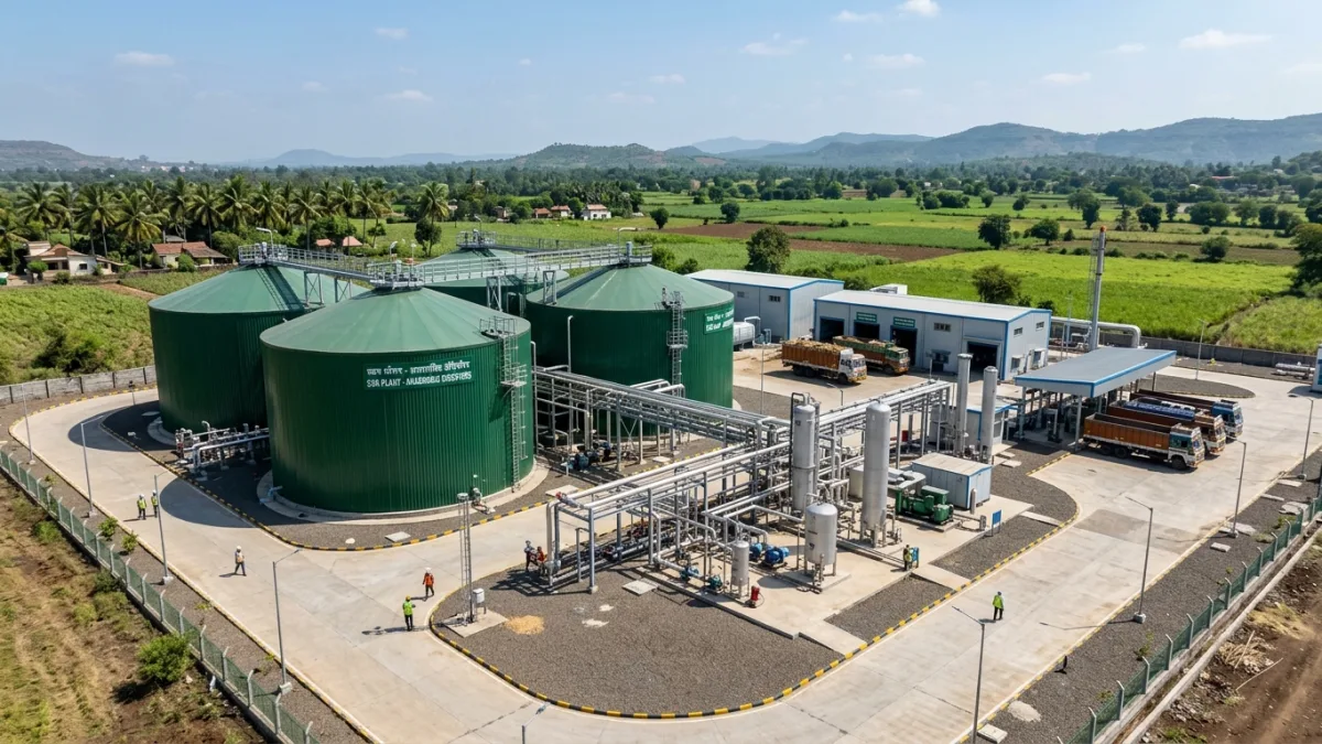 Commercial Compressed Biogas CBG plant in India with anaerobic digester tanks